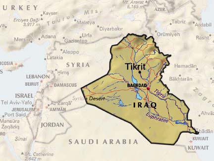 [Map of Iraq, showing location of Tikrit, north of Baghdad]
