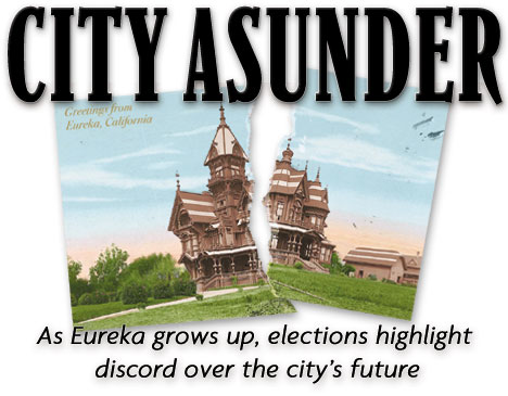HEADING: City Asunder, As Eureka grows up, elections highlight disord over the city's future, photo illustration of postcard with Carson Mansion torn in half